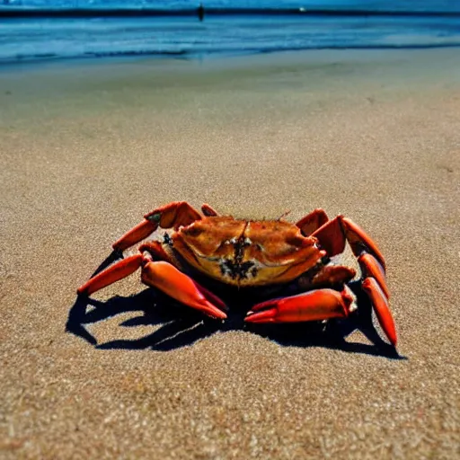 Image similar to crab on beach on sand, sea in the background, sun is shining, art by disney