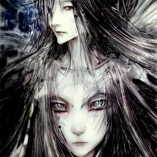 Image similar to yoshitaka amano blurred and dreamy illustration of an anime girl with black eyes, wavy white hair and cracks on her face near eyes wearing elden ring armour with the cape fluttering in the wind, abstract black and white patterns on the background, noisy film grain effect, highly detailed, renaissance oil painting, weird portrait angle