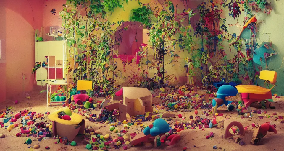 Image similar to IKEA catalogue photo, colorful children's bedroom, rainbow, toys, sand piled in corners, dust, organic, vines, overgrown, tropical, by Beksiński