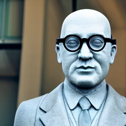 Prompt: statue of a bald man wearing round glasses, daytime, high camera angle, volumetric lighting