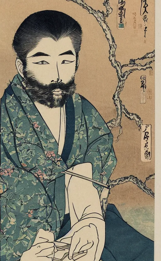 Image similar to by akio watanabe, manga art, a male calligrapher sitting on chair with brown hair and beard, willow tree and hill, trading card front, kimono, realistic anatomy, sun in the background