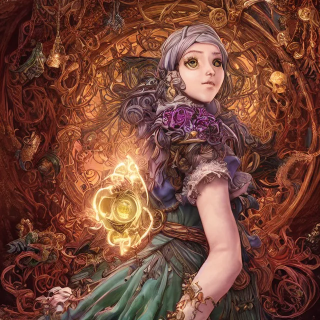 Image similar to the portrait of chaotic good female druid alchemist as absurdly beautiful, gorgeous, elegant, young gravure idol, an ultrafine hyperdetailed illustration by kim jung gi, irakli nadar, intricate linework, sharp focus, bright colors, octopath traveler, final fantasy, unreal engine 5 highly rendered, global illumination, radiant light, detailed and intricate environment