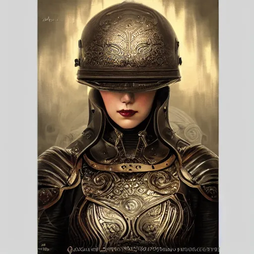 Prompt: tom bagshaw, curiosities carnival metal cables, photorealistic medium shot soft paint of a single beautiful female full long futuristic metallic armor ornate helmet, face, accurate features, focus, very intricate ultrafine details, award winning masterpiece