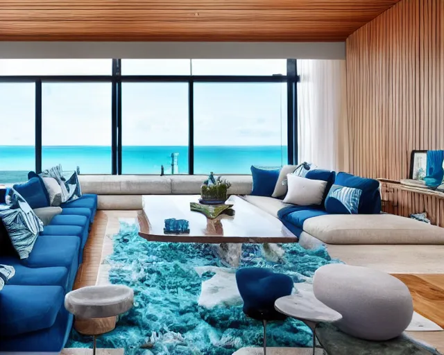 Image similar to A modern living room in a ocean hues style, inspired by the ocean, ocean view, luxurious wooden coffee table, calm, relaxed style, harmony, wide angle shot, 8k resolution