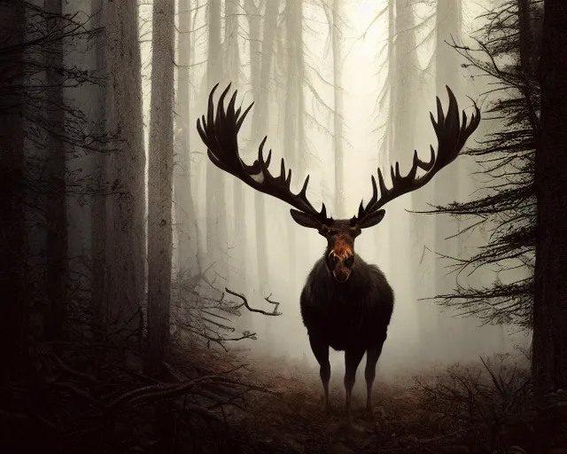 Image similar to 5 5 mm portrait photo of a demonic heavily burning moose with red eyes and antlers and looking at the camera, in a magical forest. dark atmosphere. art by greg rutkowski and luis royo. highly detailed 8 k. intricate. lifelike. soft light. nikon d 8 5 0.