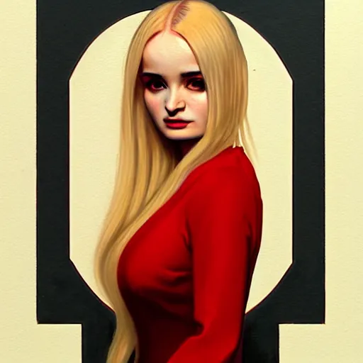 Image similar to UHD Photorealistic Kim Petras wearing a red dress with hyperrealistic, correct details, ultrarealistic dynamic lighting, symmetrical face, accurate face, in the style of art nouveau by Greg Rutkowski