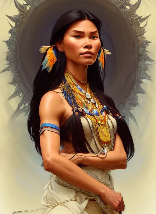 Image similar to portrait of pocahontas, intricate, elegant, highly detailed, my rendition, digital painting, artstation, concept art, smooth, sharp focus, illustration, art by artgerm and greg rutkowski and alphonse mucha and uang guangjian and gil elvgren and sachin teng, symmetry!!