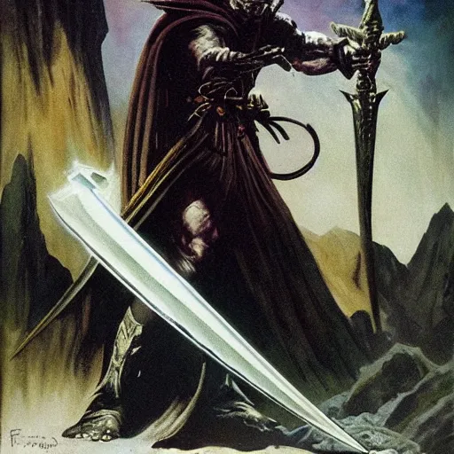 Image similar to wizard wielding the sword of truth by frank frazetta