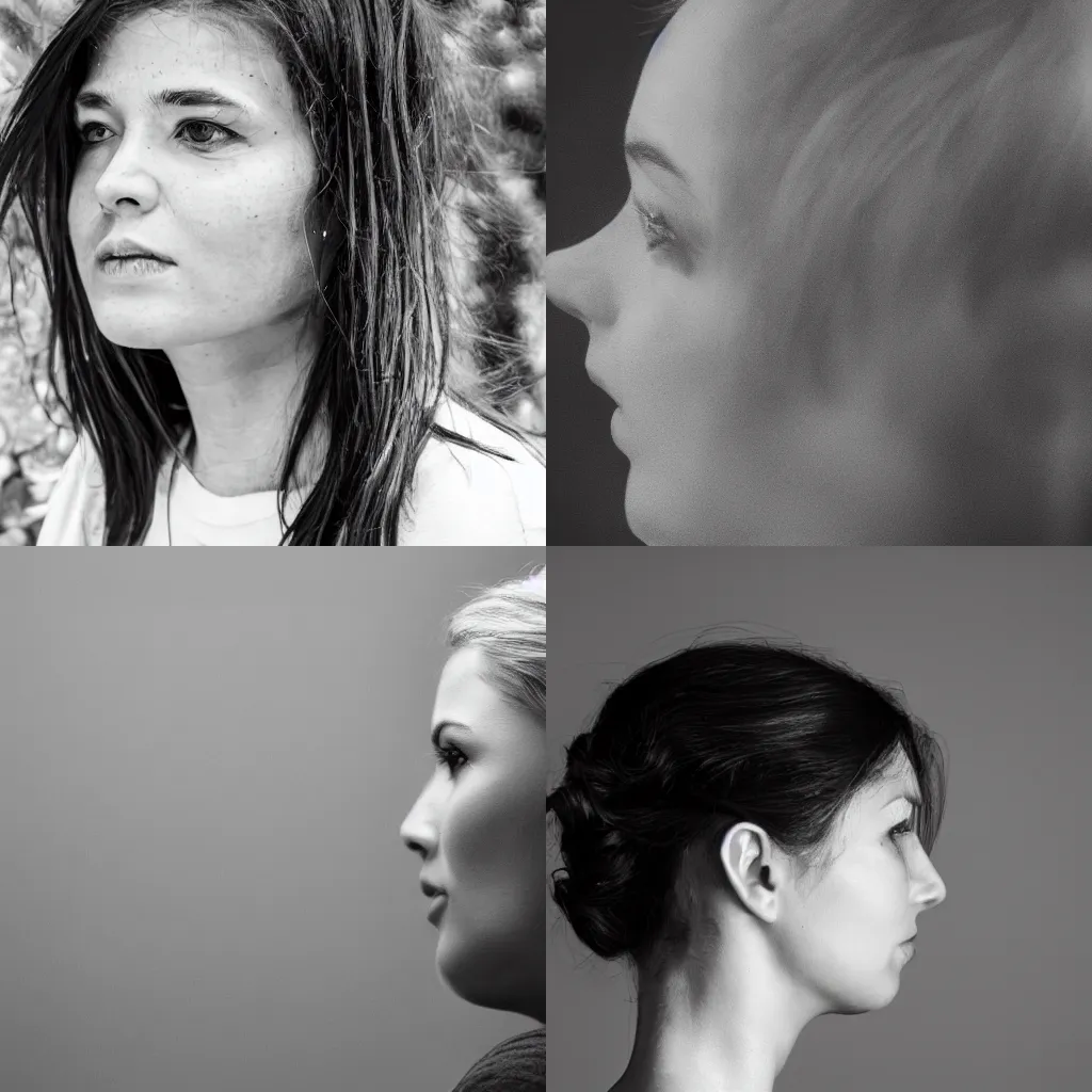 Prompt: a profile portrait of a woman. ultra contrast. black and white. center in frame.