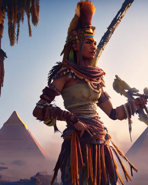 Image similar to character concept art of the egyptian high priestess isis aset, screenshot from horizon zero dawn, 4 k uhd, octane render