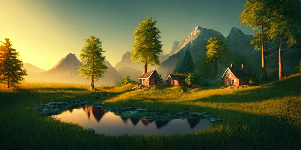 Image similar to a beautiful fantasy landscape, mountain in background, little cottage, small pond, some trees in the corner, sunrise, hyper realism, octane render, art by philipp urlich