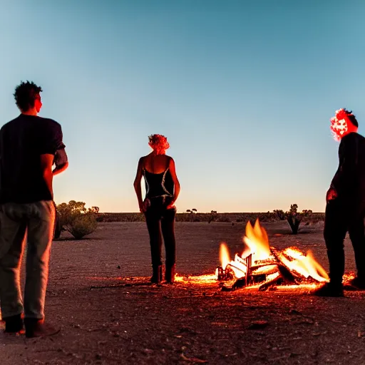 Image similar to atmospheric photograph of three fully clothed ravers, two men, one woman, seen from behind, talking around a fire, dancefloor kismet, diverse costumes, clean composition, desert transition area, bonfire, night, australian desert, xf iq 4, symmetry, sony a 7 r, 1 5 0 mp, 5 0 mm