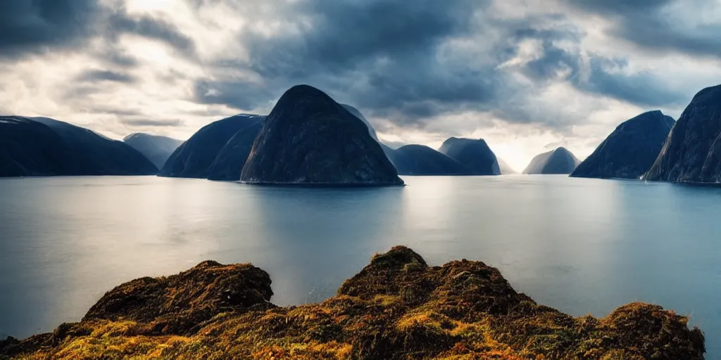 Image similar to a beautiful view of the fjords by the sea. atmosphere, god rays, golden hour, cinematic