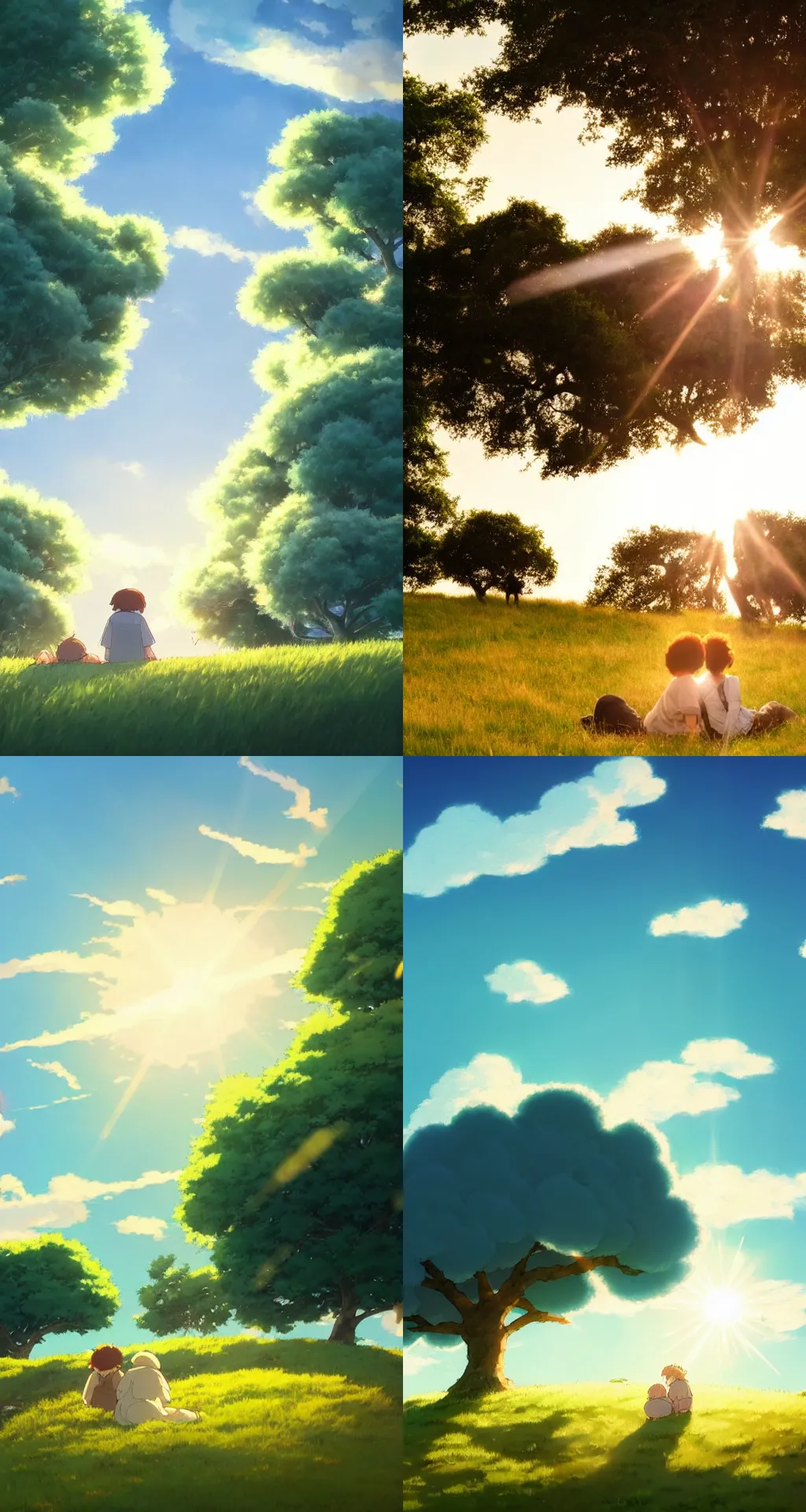 Prompt: a gigantic fluffly cloud in the style of ghibli at sunset over a grassy hill with a gentle breeze, flock of white birds high in the sky, a couple rests in the shadow of a lone single wide oak, discreet lensflare and sunflare and bloom, low angle, by makoto shinkai