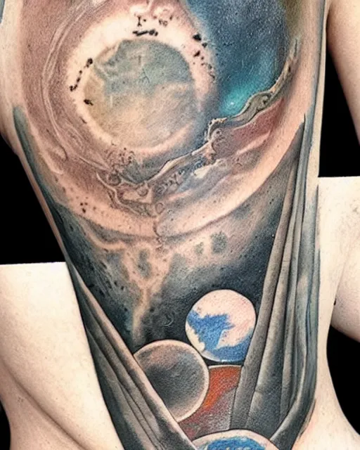 Prompt: planets emerge from a broken renaissance statue, tattoo design, hyper - realistic, in the style of tony santos
