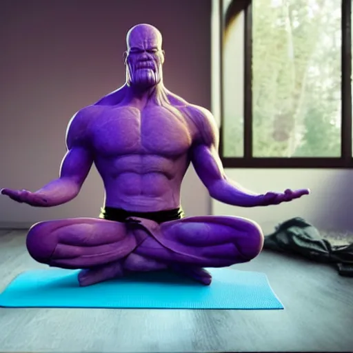 Image similar to thanos meditating on a yoga mat in a dojo. Serene cool lighting, hyper realistic