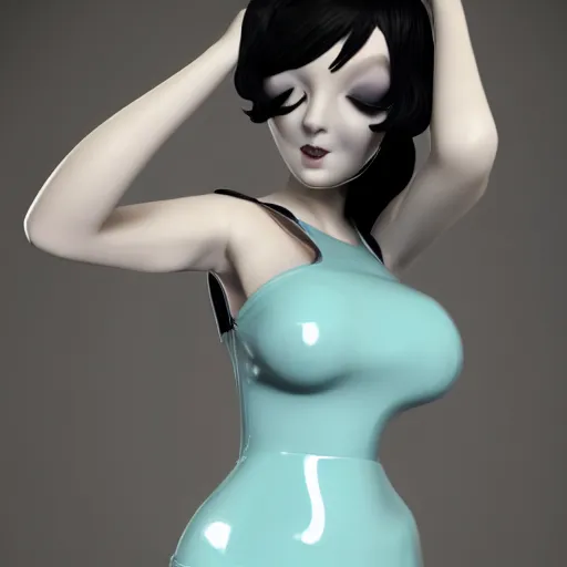 Prompt: an elegant curvy feminine pale goth cutie wearing an elaborate latex-nylon-leather white-cyan dress, thin waist, tube-top dress, cgsociety, photorealistic, 16k, smooth, sharp focus, trending on ArtStation, volumetric lighting, worksafe, sublime-comforting-intriuging ambience