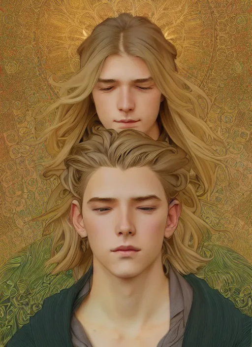 Prompt: pretty young man with shoulder length shiny shimmering golden blond hair, head down, shy, path traced, highly detailed, high quality, digital painting, by studio ghibli and alphonse mucha, leesha hannigan, disney