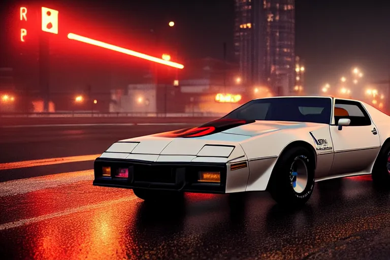 Image similar to hyperdetailed, photorealistic photograph of a 1 9 8 2 pontiac firebird trans - am drifting in the streets, rain, night, dense fog, hd, unreal engine 5 by greg rutowski, by stanley artgerm, by alphonse mucha