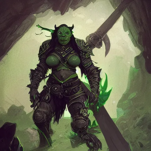 Image similar to a full body character portrait of a green orc warrior woman in full plate armor bald with a ponytail, world of warcraft, by greg rutkowski, wlop, astri lohne, wei wang, laurie greasley, victo ngai, trending on artstation