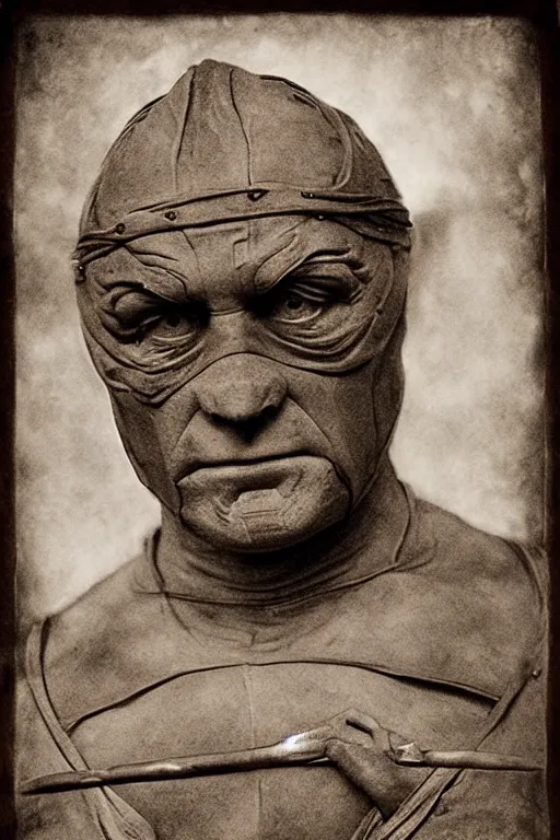 Image similar to donatello from tmnt, portrait, full body, symmetrical features, silver iodide, 1 8 8 0 photograph, sepia tone, aged paper, sergio leone, master prime lenses, cinematic