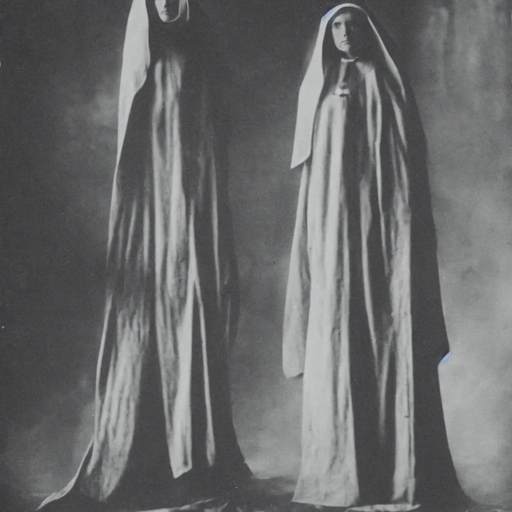 Image similar to old victorian era photograph of a very very tall mysterious nun, amazing depth, cinematic lighting.