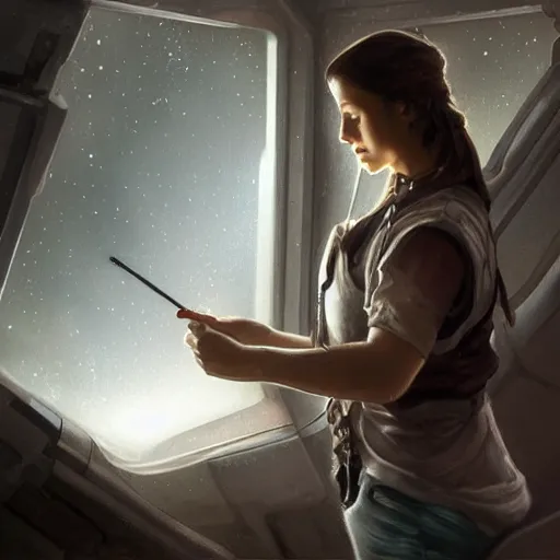 Image similar to epic portrait an woman engineer fixing an starship during winter, white t shirt with a vest, pretty face, glossy skin, beauty digital painting, artstation, concept art, soft light, hdri, smooth, sharp focus, illustration, fantasy, intricate, elegant, highly detailed, D&D, matte painting, in the style of Greg Rutkowski and Alphonse Mucha and artemisia, 8k, highly detailed, jurgens, rutkowski, bouguereau, pastoral, rustic, georgic