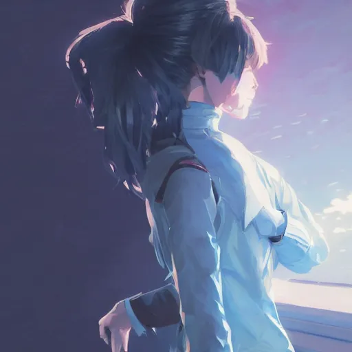 Prompt: low - angle shot from behind of a girl with light blue straight hair in a blue tailcoat, combat boots, noir, sharp focus, intricate, illustration, cell shaded, digital painting, highly detailed, art by greg rutkowski, studio quality, makoto shinkai, james jean