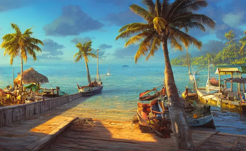 Image similar to a little fisher village on a tropical island, wood pier and houses, nets and boats, scenic view, sunset, matte painting by marc simonetti and rhads and donato giancola, trending on artstation