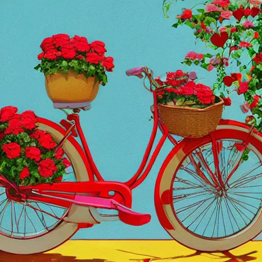 Image similar to a beautiful storybook painting of a vintage yellow Schwinn bicycle with a basket of red roses on the front propped up against a blue wall, anime style and Studio Ghibli, nostalgic heart-warming, trending on artstation hq