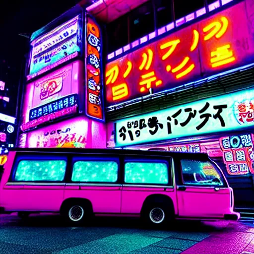 Prompt: The Mystery Machine, shibuya prefecture, night mist neon lights, cinematic color, photorealistic, highly detailed wheels, highly detailed