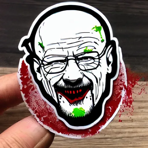 Image similar to die cut sticker, walter white laughing like the joker, splatter paint