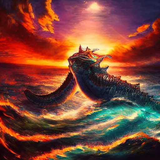 Image similar to warrior sea goddess full frame battling leviathan, beautiful composition, wide angle, colorful, cinematic, volumetric lighting, intricate details painting