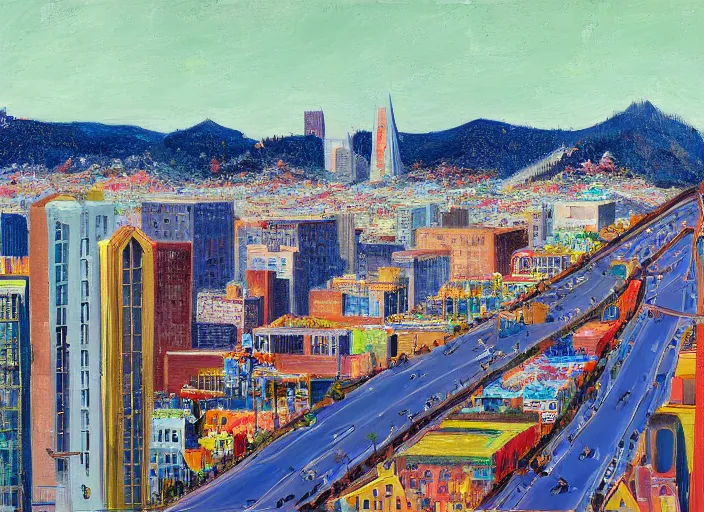 Prompt: a realistic San-Francisco cityscape, from the roof, tall terrace, hills, Golden Gate, houses, parks, and hell bursting in style of Wayne Thiebaud and Bosch