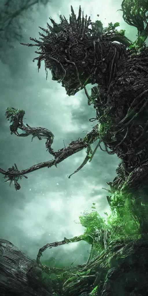 Prompt: a samurai standing in a highly detailed over dimensional green leaves that are not from this world decaying with black vaines, dark fantasy, photorealism, unreal engine, purple hue, sci-fi, cyberpunk city, nature taking back the world by H.R. Giger