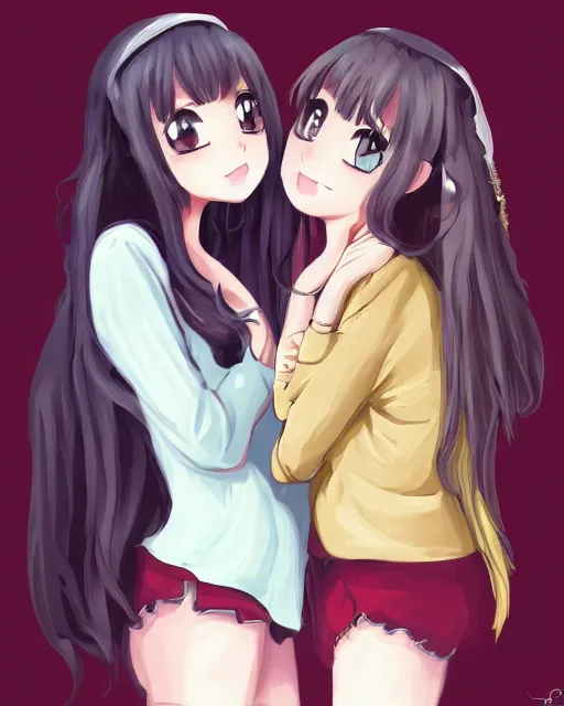 Image similar to portrait of two girls kissing, anime, trending on Artstation