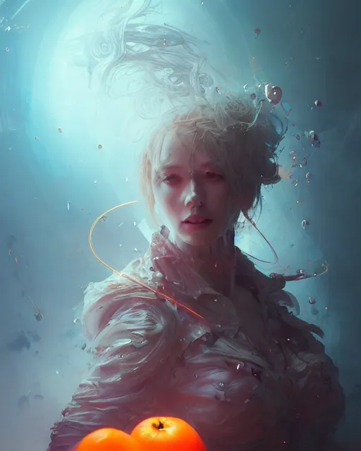 Image similar to full view portrait of mystical and legendary DJ Tangerine, 4k digital masterpiece by Greg Rutkowski and Ruan Jia and rossdraws, Alberto Seveso, fantasycore, Hyperdetailed, realistic oil on linen, soft lighting, Iconography background, featured on Artstation