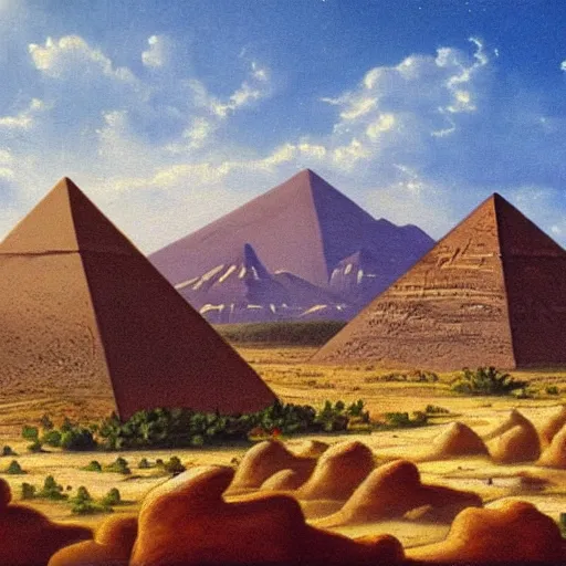 Prompt: fantasy landscape pyramids in distance rocky desert terrain oil painting widescreen