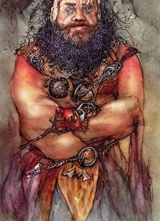 Prompt: portrait of dwarf wizard, beautiful! coherent! dungeons and dragons character, by brian froud, strong line, deep color, chainmail, short red hair, high contrast