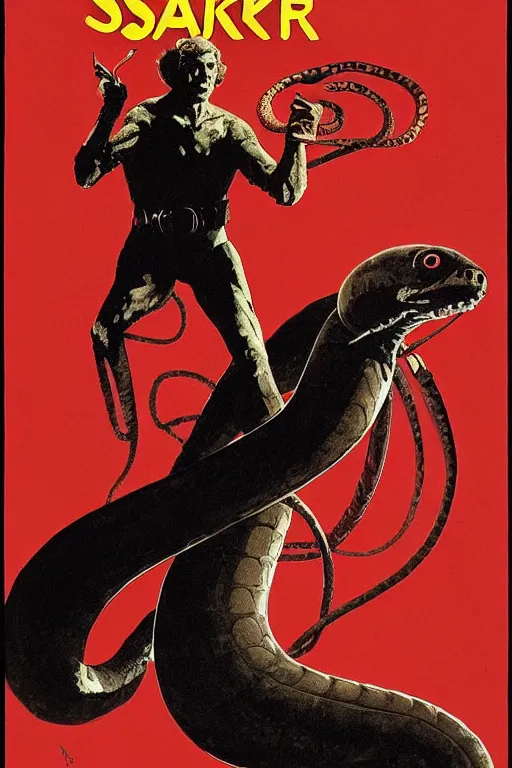 Image similar to poster for the 1 9 7 1 movie'snake'er up ', directed by federico fellini, starring donald sutherland and uncle aloysius, art direction by wayne barlowe, glenn fabry and frank frazetta, cinematography by robby muller ), crisp