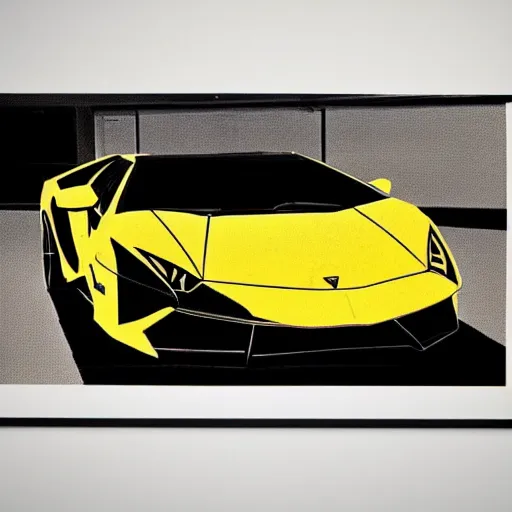 Prompt: a portrait of a Lamborghini, made by Andy Warhol, two tone, very high contrast, only black and white, simplistic, extremely high contrast, two tone, notan art, by Andy Warhol, minimalistic,