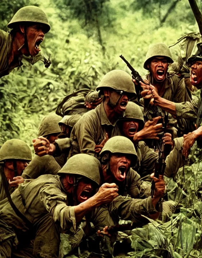 Image similar to Vietnam war scene with a few american soldiers into the jungle, extreme close up of an american soldier screaming with a hand besides his mouth, boixcar style, book cover art, movie still, cinematic lighting, art by Frank Frazetta and Alex Ross, award-winning masterpiece with incredible and beautiful details digital art, trending on artstation, smooth, sharp focus HD, 4K