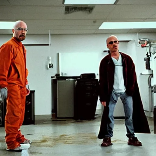 Prompt: walter white and jessie pinkman in gus frings underground laboratory on top of howard hamlin and lalo salamunca