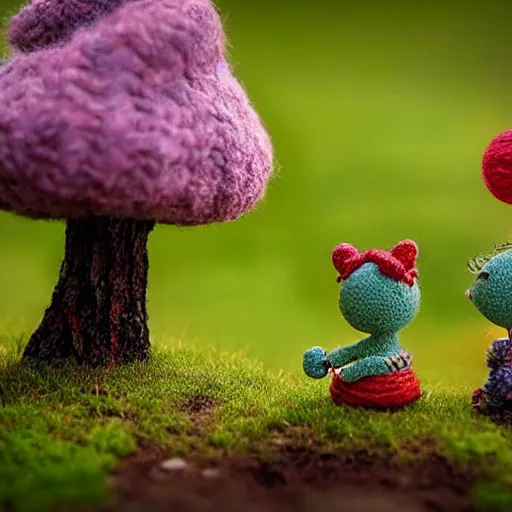 Image similar to a couple of small figurines sitting on top of a lush green field, a tilt shift photo by alexander jansson, featured on deviantart, fantasy art, made of beads and yarn, psychedelic, whimsical