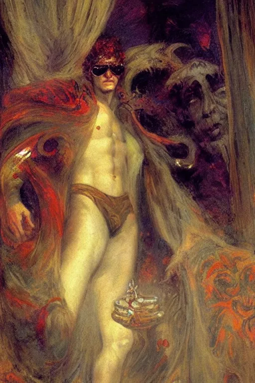 Image similar to portrait of morpheus, the sandman, the king of dreams. art by gaston bussiere.