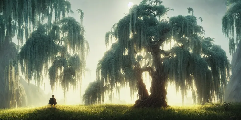 Prompt: willow tree, matte oil painting, highly detailed, hyperrealistic, cinematic, breathtaking, beautiful composition, Studio Ghibli, Dan Mumford, volumetric lighting, octane render, 4K resolution, trending on artstation