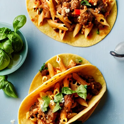 Image similar to a photograph of sausage pasta tacos