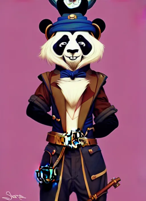 Image similar to don bluth, loish, artgerm, joshua middleton, steampunk, clockpunk anthropomorphic panda, full sailor suit, symmetrical eyes symmetrical face, colorful animation forest background