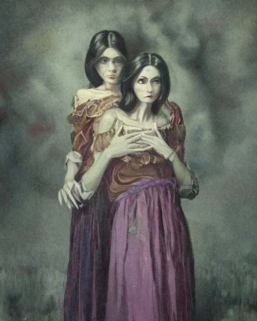 Prompt: a beautiful and eerie baroque painting of two beautiful but creepy siblings wearing colorful dresses in layers of fear, with haunted eyes and dark hair, 1 9 7 0 s, seventies, wallpaper, a little blood, morning light showing injuries, delicate embellishments, painterly, offset printing technique, by brom, robert henri, walter popp