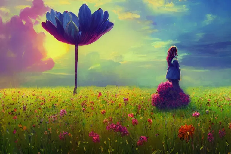 Image similar to closeup, giant flower head, girl in suit floating above field of flowers, surreal photography, sunrise, blue sky, dramatic light, impressionist painting, digital painting, artstation, simon stalenhag